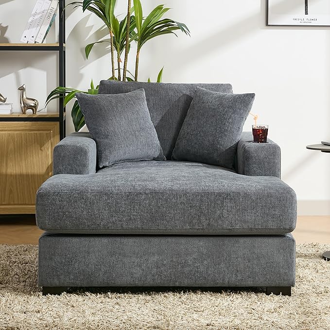 Modern Indoor 43.5 Oversized Chaise Lounger Chenille Fabric Sofa Couch with Pillows Armrest Cup Holders Removable Washable Covers Reclining Sleeper Chair for Living RoomOffice (Blue Gray43.5)