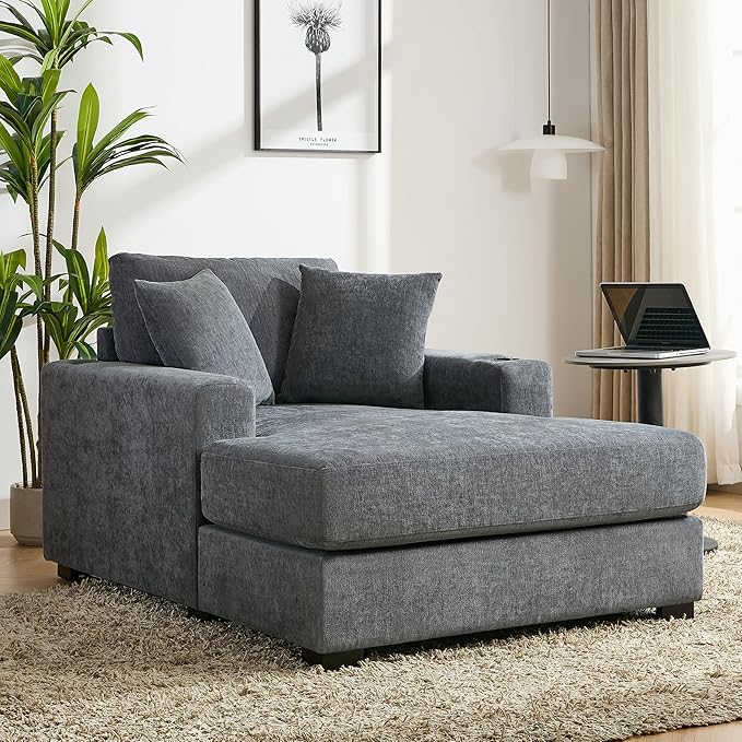 Merax Modern 43.5 Chaise Lounge with Pillow Charge Station &amp Cup HoldersUpholstered Sofa Recliner Chair for Living Room Bedroom Blue Gray