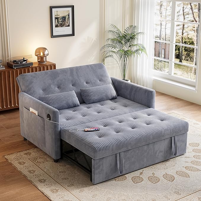 Sofa Bed Loveseat 3-in-1 Sleeper Sofa with Pull Out Bed Pockets and USB Modern 2 Seater Convertible Small Couch for Living Room Bedroom Apartment (Gray Corduroy)