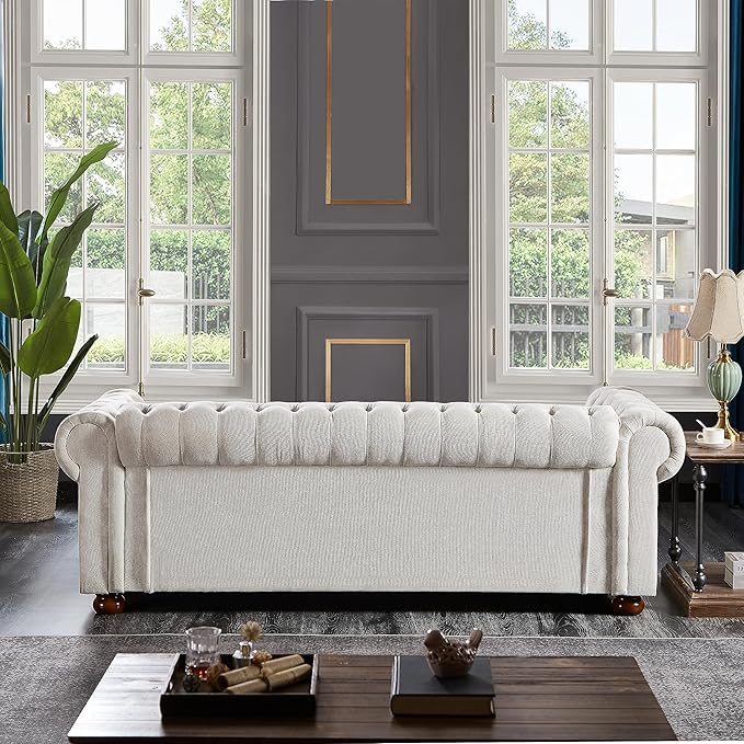ERYE 88-Inch Classic 3 Seat Chesterfield Sofa Couches for Living Room Bedroom Classic Button Tufted Linen Fabric Upholstered Chesterfield Sofa CouchWood Legs