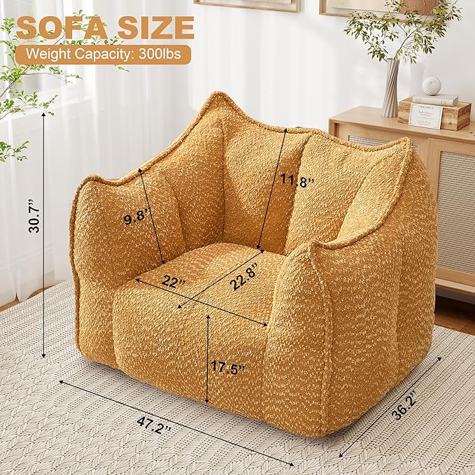47.2 Inch Oversized 2 Piece Single Sofa Set Comfy Beanbag Chairs with Scratch-Resistant Pet-Friendly Chenille Modern Couch with Arms No Assembly Required Yellow