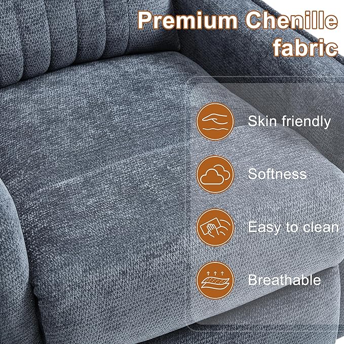 Manual Swivel Rocker Recliner Chair for Adults Overstuffed Recliner Glider with Massage and Heat Living Room Reclining Chair Fabric Blue
