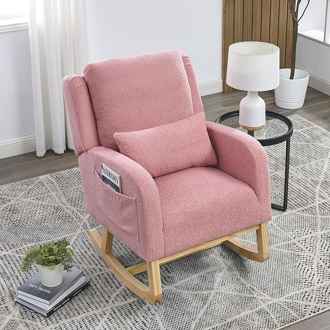 YAFF 27.5 W Modern Accent High Back Living Room Casual Armchair Rocker with One Lumbar Pillow Two Side PocketsTeddy-642