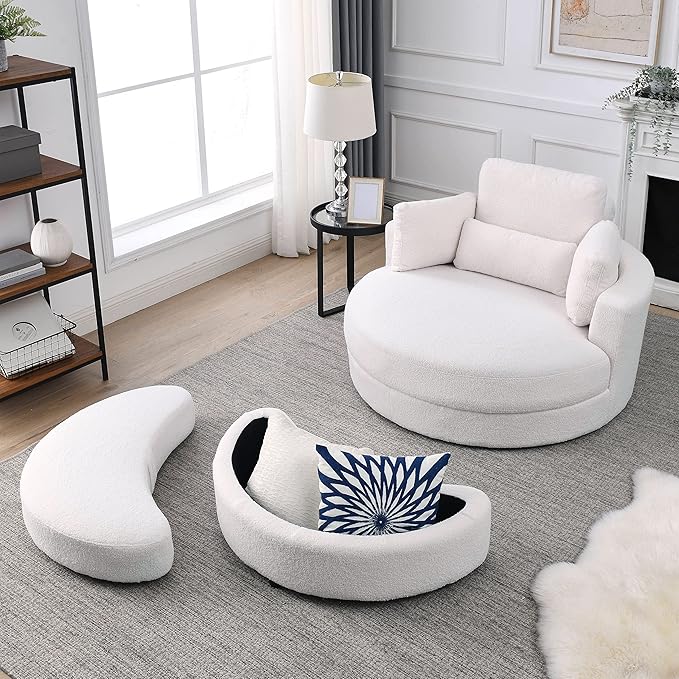 Yoglad Modern Swivel Accent Round Chair Barrel Sofa with Storage Ottoman Oversize Lounge Chair Linen Fabric Round Chair with Pillows for Living Room Office (Lvory 51)