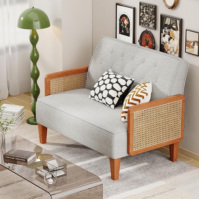 Love Seat Settee Mini Couch Upholstered Sofa with Natural Rattan Armrest Backrest Button Tufted Buckle Couch Banquette Bench Loveseat for Dining Living Room Bedroom Light Grey