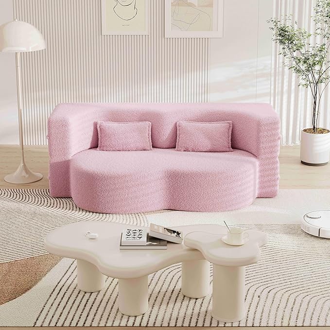 Floor Sofa Futon Cloud Couch Convertible Sofa Bed with 2 Pillows Teddy Fabric Foam-Filled Loveseat Sleeper Sofa Couches for Living Room 15 Full Size Folding Mattress No Assembly Required (Pink)