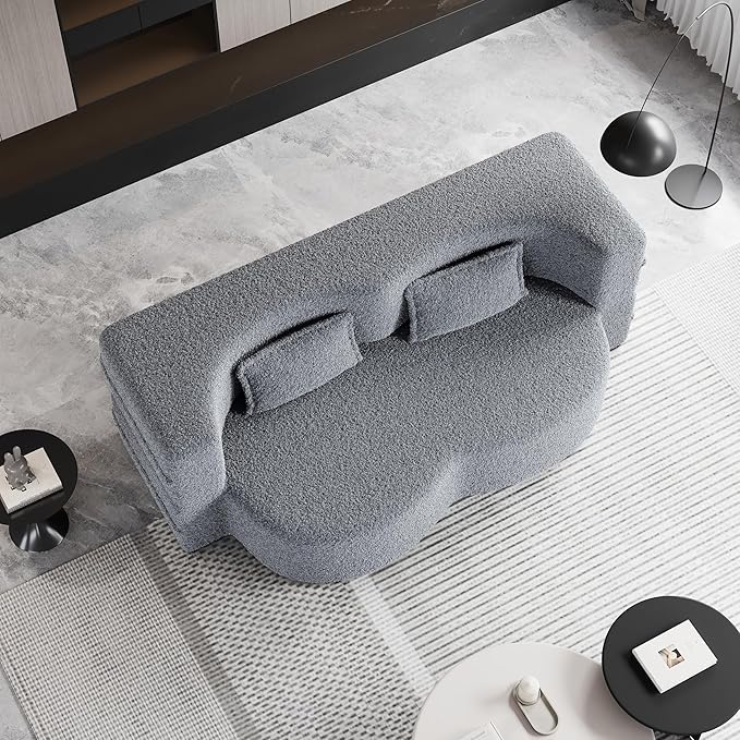 Floor Sofa Futon Cloud Couch Convertible Sofa Bed with 2 Pillows Teddy Fabric Foam-Filled Loveseat Sleeper Sofa Couches for Living Room 15 Full Size Folding Mattress No Assembly Required(Grey)