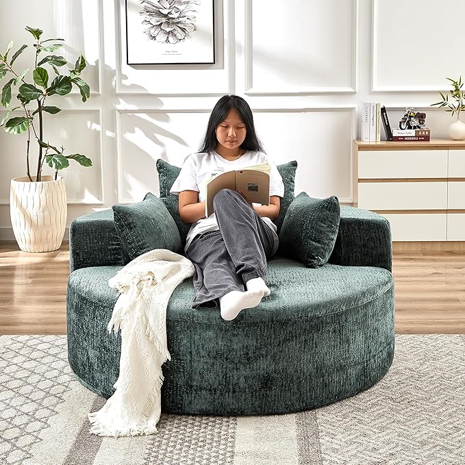 55''L Chenille Sponge Single Modern Oversized Round Armchair Fluffy Recliner for Living Room Lounge and Projection Room Wide Armrest Lounge Chair with Pillow Green