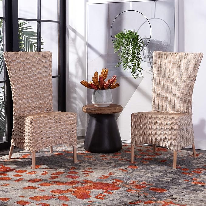 SAFAVIEH Home Allen Coastal Natural White Wash Rattan Accent Chair (Set of 2)