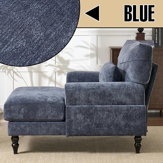 Chaise Lounge Chair Indoor Modern Leisure Sleeper Sofa Chair w/Double Deep Cushion Accent Upholstered Reading Side Armchair Recliner Arm Chairs for Living Room &amp Bedroom Easy AssemblyBlue