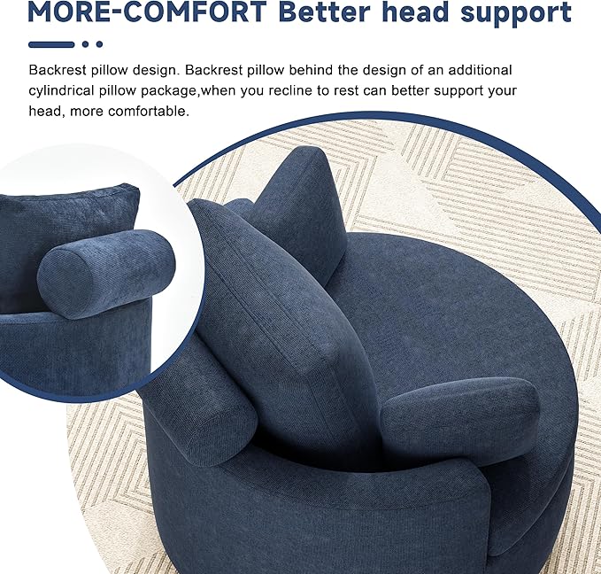 39.8” Swivel Accent Barrel Chair with Storage Oversized Round Chairs with Half Moon Ottoman Swivel Barrel Chaise Lounge Indoor with Neck Support Pillow Barrel Chairs for Living Room Dark Blue