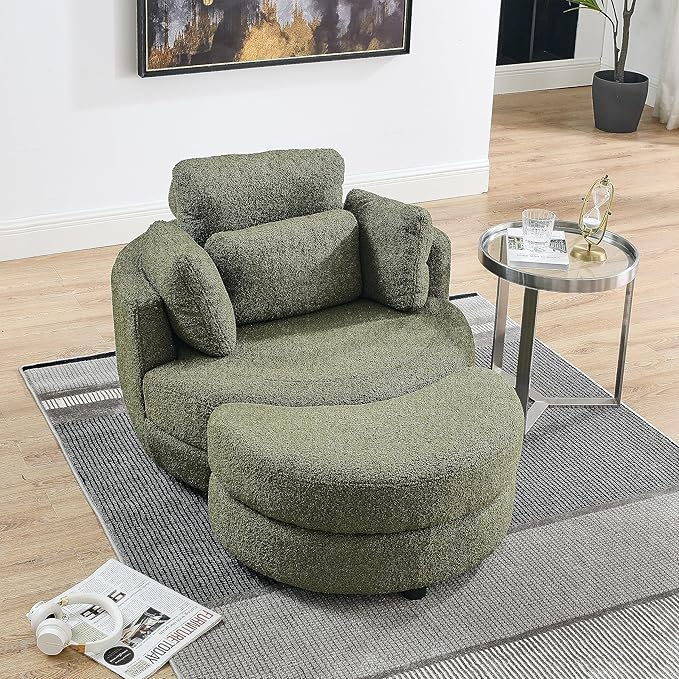 kevinplus Swivel Barrel Chair Accent Chair with Storage Ottoman for Living Room Modern Round Upholstered Single Sofa Couch Chair for Apartment Bedroom Teddy Fabric Green (ø39'' x 30.5'')