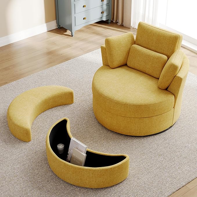 Swivel Accent Barrel Chairs with Storage Ottoman Chaise Lounge Indoor with Removable Headrest Oversized Sofa Chair for Living Room Chenille Mustard