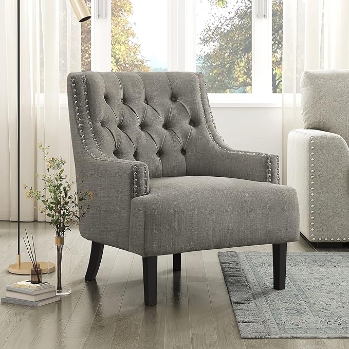 Lexicon Accent Chair Reading Chair Comfy Chair for Bedroom Upholstered Armchair with Solid Wood Frame Tufted Cushion Nail Head Trim Single Sofa Chair for Living Room Office Tan Chenille