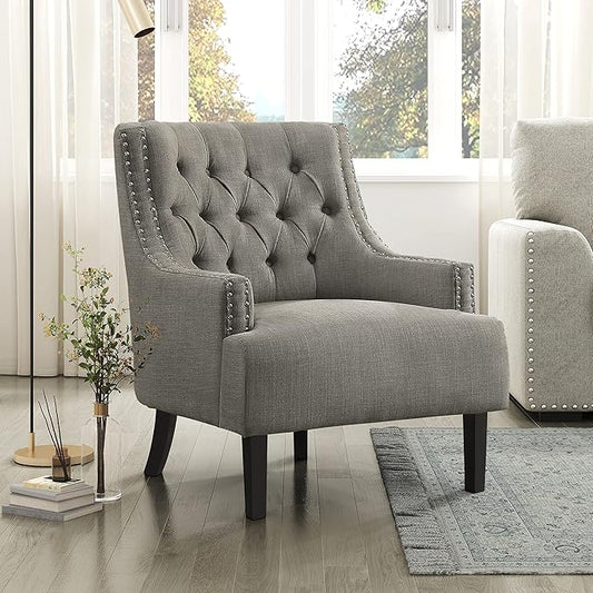 Lexicon Accent Chair Reading Chair Comfy Chair for Bedroom Upholstered Armchair with Solid Wood Frame Tufted Cushion Nail Head Trim Single Sofa Chair for Living Room Office Tan Chenille