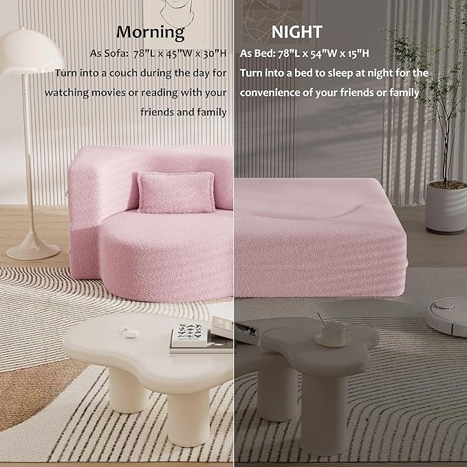 Ball &amp Cast 78 Sleeper Sofa Bed with 2 Pillows Convertible Teddy Fabric Foam-Filled Could Couch Modern Floor Sofa for Living RoomGuest BedPlayroomNo Assembly RequiredPink