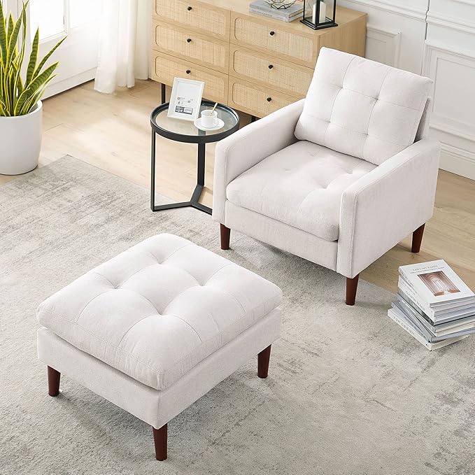 Modern Fabric Single Sofa Chair Living Room Chair Comfortable Armchair withwith Ottoman Foot Rest Tufted Chair for Reading or Lounging