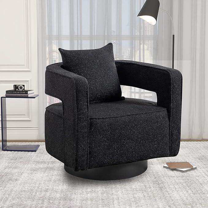 Swivel Barrel Chair Modern Teddy Round Accent Chairs Curved Open Back 360 Degree Swivel Arm Chair with Pillow Single Sofa Chair for Living Room BedroomBlack
