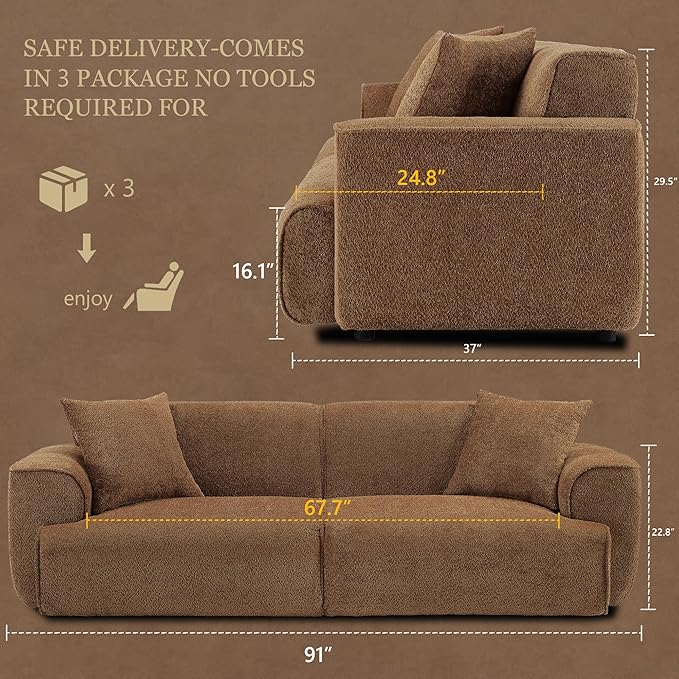 Modern 91'' Wide Cloud Couch Sofa Love Seat Couches W/Solid Frame Friendly Couch W/Boucle Couch Cozy Fabric with 2 Pillow &amp Rectangular Arm for Apartment Rust