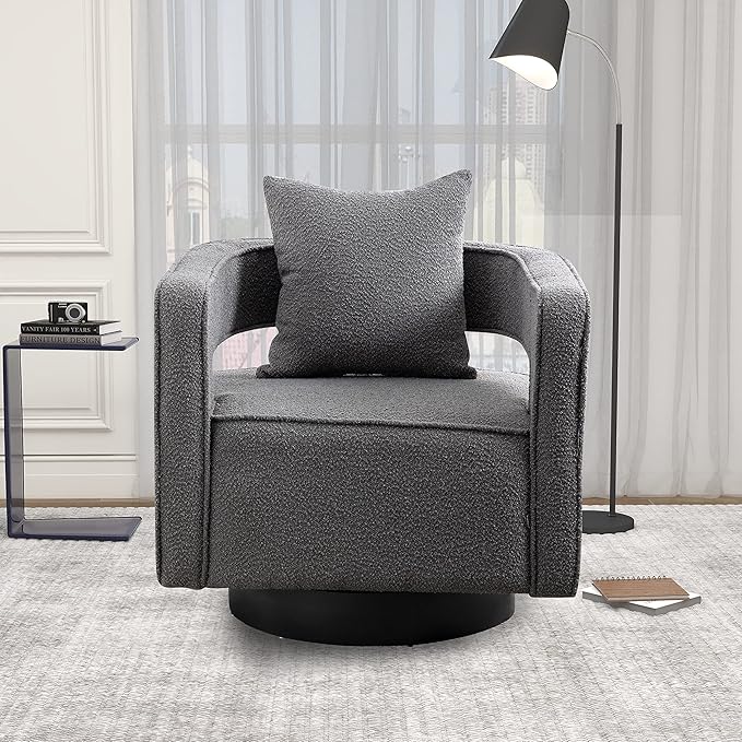 29.0 W Swivel Accent Open Back Chair Modern Comfy Sofa Chair with Black Base for Nursery Bedroom Living Room Hotel Office Club Chair Leisure Arm Chair for Lounge (Gray Boucle)