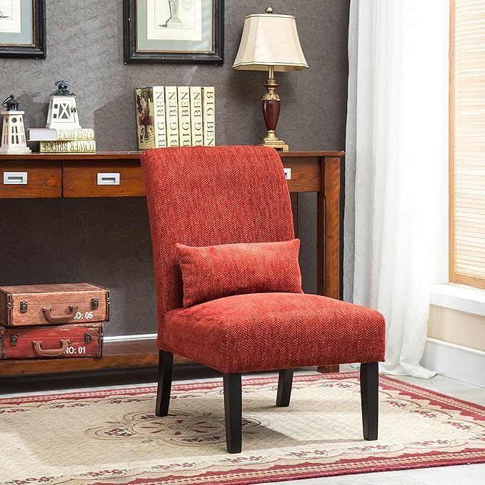 Roundhill Furniture Red Pisano Chenille Fabric Armless Contemporary Accent Chair with Matching Kidney Pillow