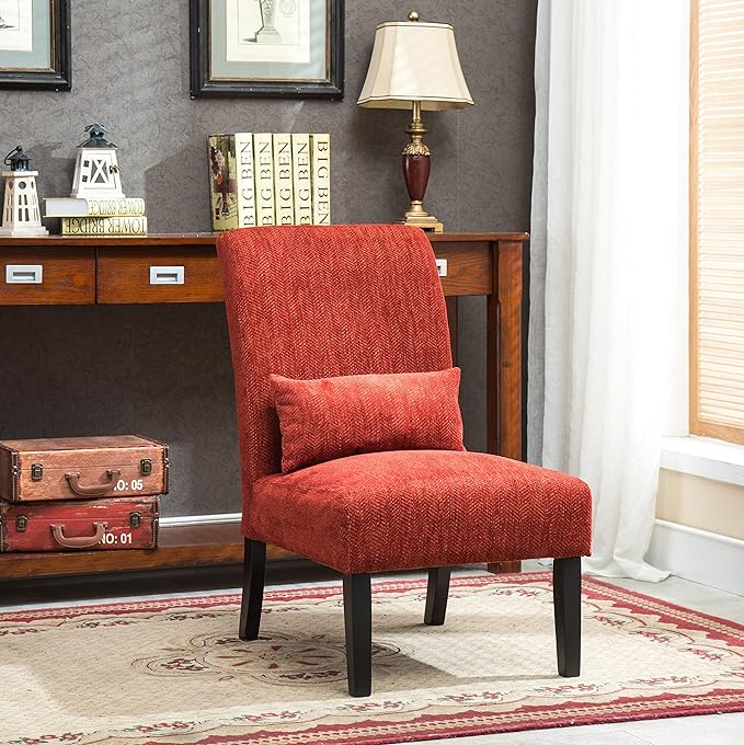 Pisano Red Chenille Armless Accent Chair with Pillow - Modern Contemporary Style for Living Room or Bedroom