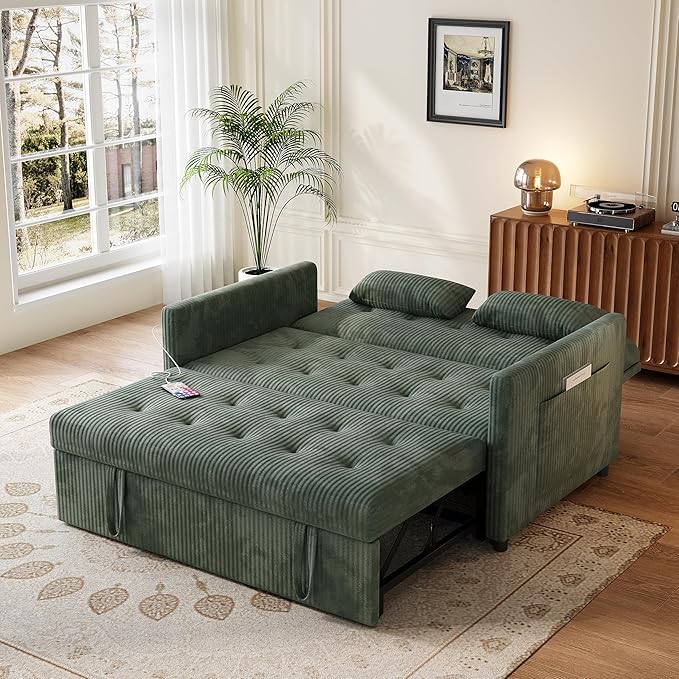 Sofa Bed Loveseat 3-in-1 Sleeper Sofa with Pull Out Bed Pockets and USB Modern 2 Seater Convertible Small Couch for Living Room Bedroom Apartment (Green Corduroy)