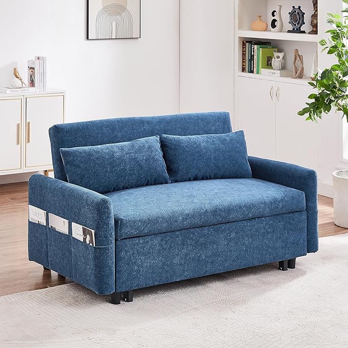 55.1 Pull Out Sofa Bed 2 Seater Loveseats Sofa Couch with Adjustable Backrest Storage Pockets 2 Soft Pillows Convertible Sleeper Sofa Bed for Living Room Bedroom Apartment Office (Blue 091)