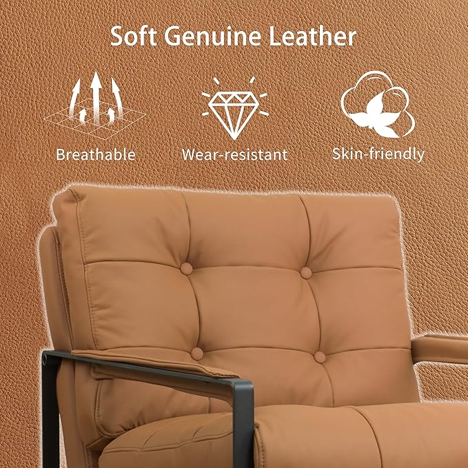 Art Leon Genuine Leather Accent Chair Mid Century Modern Arm Chair with Black Metal Frame Single Sofa Chair for Living Room Bedroom Gray