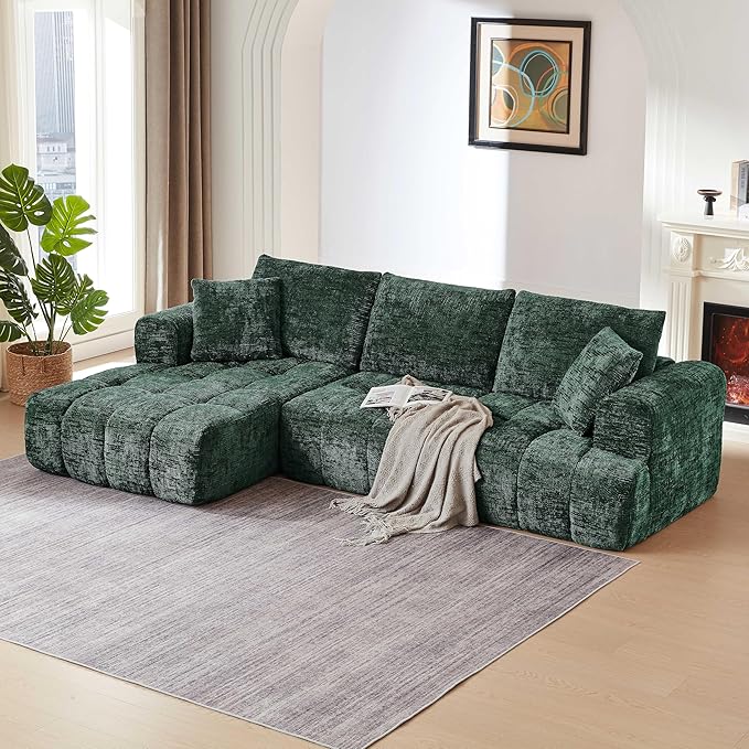 108'' Modular Sectional Cloud Couch L-Shape Boneless Couch for Living Room with Deep Seat Comfy Sleeper Sofa for Living Room Apartment Reception Spaces No Assembly Required Green