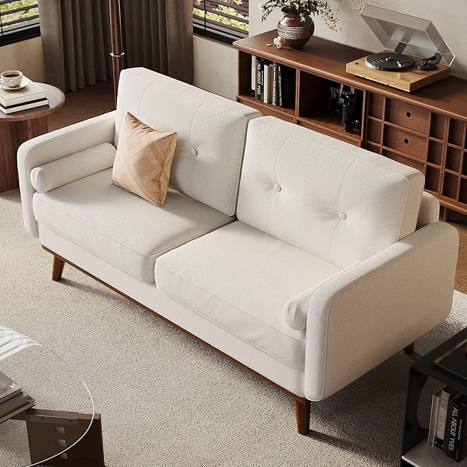 Garvee 65 in Mid Century Modern Loveseat Sofa for Small Spaces 2 Seater Linen Upholstered Couch with Button Tufted Design &amp Wood Legs Small Couch for Living Room Bedroom Office Apartment Bei