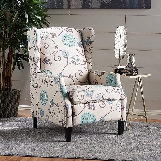 Christopher Knight Home GDFStudio Westeros Traditional Wingback Fabric Recliner Chair (White &amp Blue Floral)