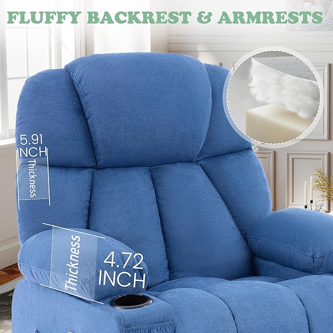 Manual Recliner Chair Rocker Recliner with Vibration Massage &amp Heat Ergonomic Reclining Fabric Living Room Chairs for Bedroom Nursery Single Sofa with 4 Pockets 2 Cup Holders Blue