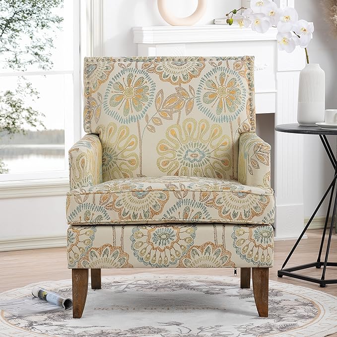 Beige Accent Chair for Living Room Modern Armchair Withbirch Wood Legs Comfortable Single Sofa for Bedroom Study Office