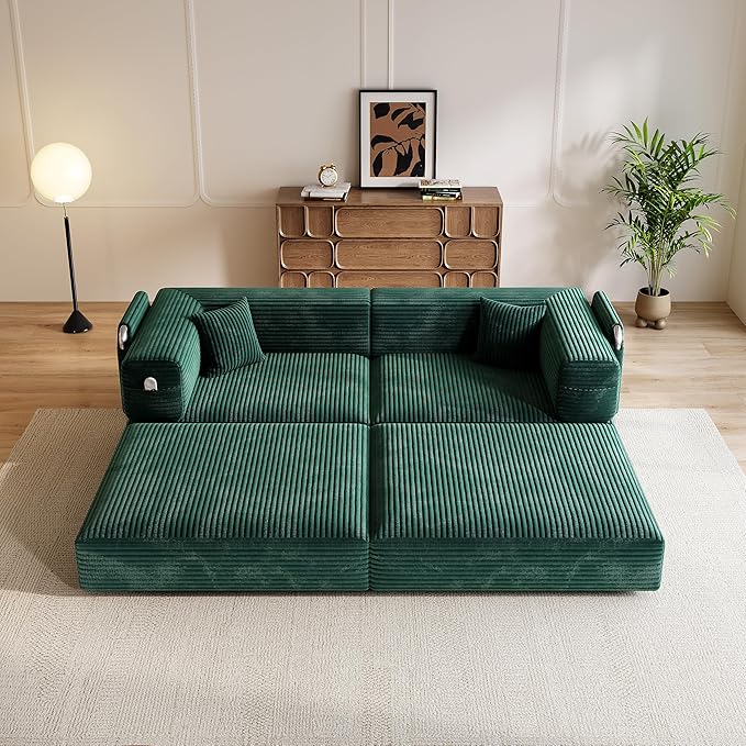 78 Compressed Convertible Sofa Bed Modular Corduroy Loveseat Sleeper with Fixed-Shape Frame Folding Mattress Couch with 2 Pillows for Living Room Bedroom Small Spaces No Assembly Needed Green