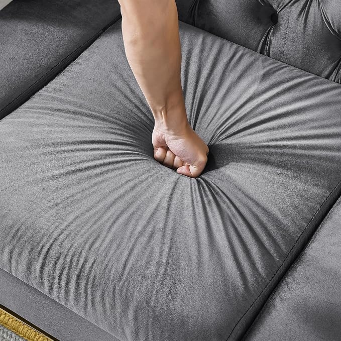 81.1 Velvet Sofa Couch for Living Room Chesterfield Sofa Couch 3 Seater Button Sofa with Stainless Steel Gold Plating Decoration with 2 Pillows Grey &amp Gold