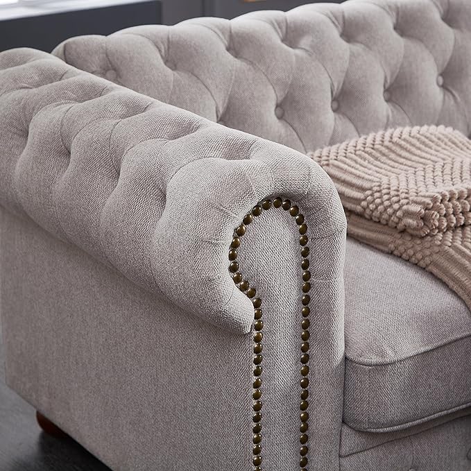 88.5 Upholstered Chesterfield Couch Modern 3 Seater Sofa with Tufted Back and Scrolled Arms Wood Leg Nailhead Sofa for Living Room Office Apartment Small Space Linen Upholstered Gray