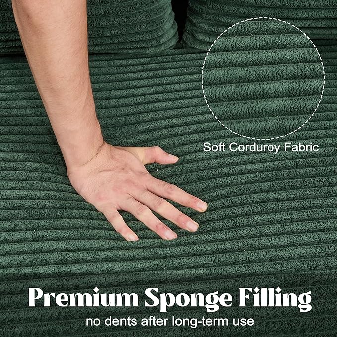 Sectional Sofa Couch Boneless Couches for Living Room Cloud Sofa with Oversized Chaise Corduroy Fabric L-Shaped Couch with Pillows No Assembly Required Left Facing Chaise Green