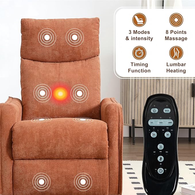 Manual 360° Swivel Rocker Recliner Chair for Adults Overstuffed Glider Chair for Nursery with Vibration Massage and Heat Comfy Soft Fabric Glider with Side Pockets for Living Room Orange