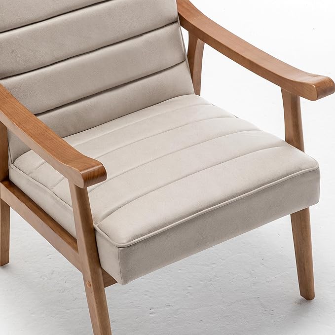 Unique Mid Century Modern Accent Chair with Open-Framed Armchair Design Plush Foam Cushioning and Leather-Look Microfiber Seat and Back Cushions Beige