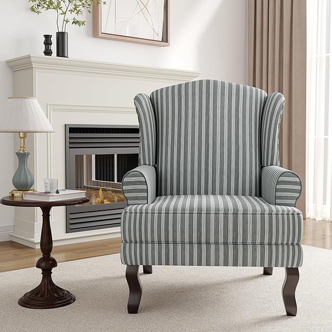 High Back Accent Chairs Set of 2 Comfy Upholstered Fabric Armchair for Living Room Mid Century Modern Club Accent Chair with Solid Wood Legs Single Sofa Reading Chair for Bedroom Gray Stripe