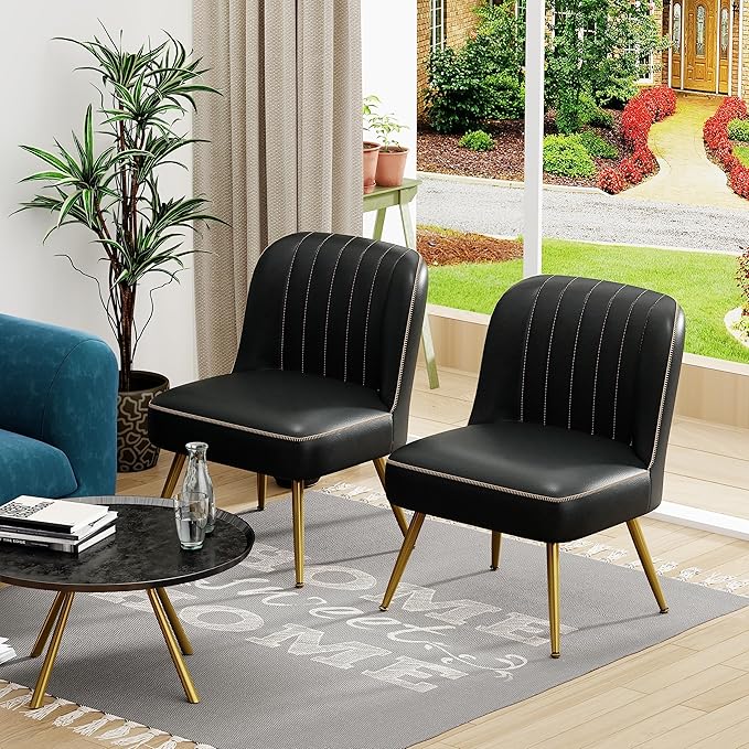 Aklaus Accent Chairs Set of 2 for Living Room Bedroom.Upholstered Reading Chair Faux Leather Modern Corner Chair Armless Chair with Larger Seat Comfy Side Chairs for Office Waiting Room Black