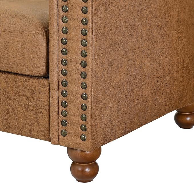 Air Leather Tufted Loveseat Couch Rolled Arm 2-Seater Sofa with Nailhead Trim and 2 Neck Roll Pillows Living Room Small Apartment Office Décor Brown