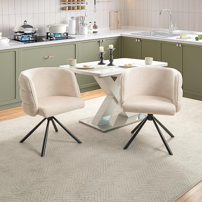 KEIKI 270° Swivel Home Office Desk Chairs Set of 2Modern Dining Chairs Upholstered Bedroom Chairs with Metal BaseMakeup Chair for Vanity Living Room Bedroom Beige