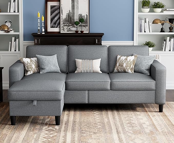 Sectional Sofas Couches for Living Room Convertible L Shaped Couch | Sofa with Ottoman Washable Sofa Covers 78 Small Couch Grey Linen Fabric 3 Seat Storage Couch