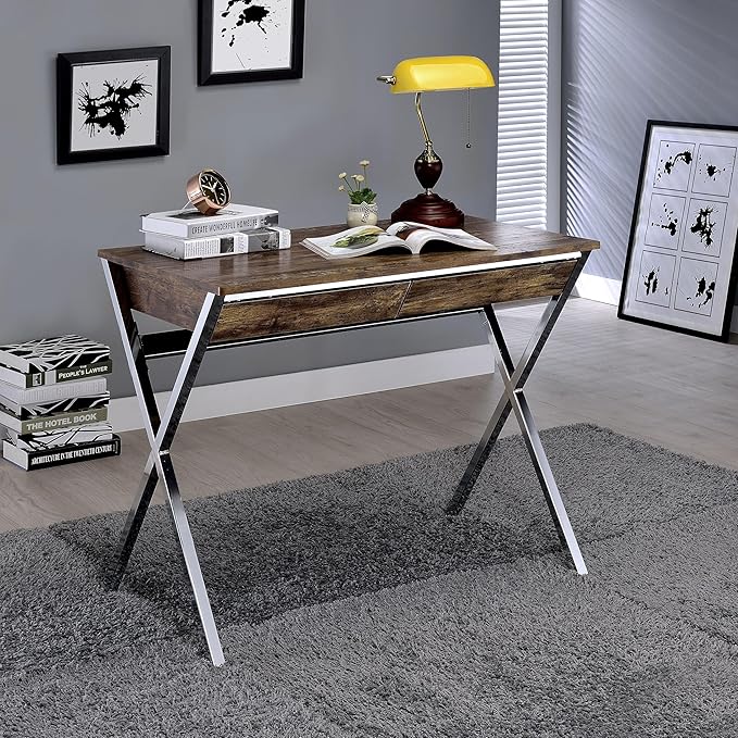 Weathered Oak and Chrome 2-Drawer Writing Desk Wooden Top Laptop for Study and Home Office