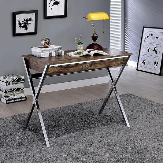 Weathered Oak and Chrome 2-Drawer Writing Desk Wooden Top Laptop for Study and Home Office