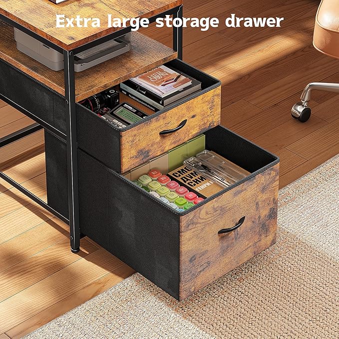 L Shaped Desk with Monitor Stand 63'' Reversible U Shaped Office Desk with 6 Tire Storage Shelves &amp 2 Fabric Drawers Gaming Desk with Power Outlet &amp LED Strip Rustic Brown