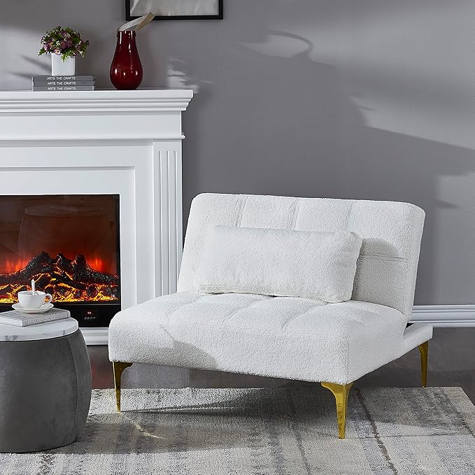 35.5 Modern Convertible Futon Sofa with Adjustable Backrest Teddy Upholstered Chaise Lounge with Tufted Design Comfy Couch Bed with Gold Metal Legs for Living Room Bedroom Apartment White Teddy