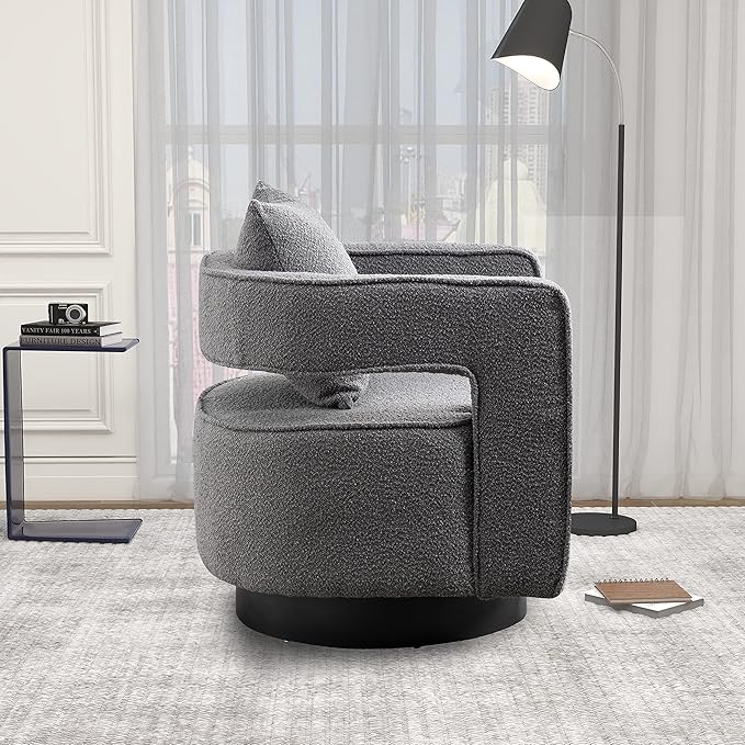29.0 W Swivel Accent Open Back Chair Modern Comfy Sofa Chair with Black Base for Nursery Bedroom Living Room Hotel Office Club Chair Leisure Arm Chair for Lounge (Gray Boucle)